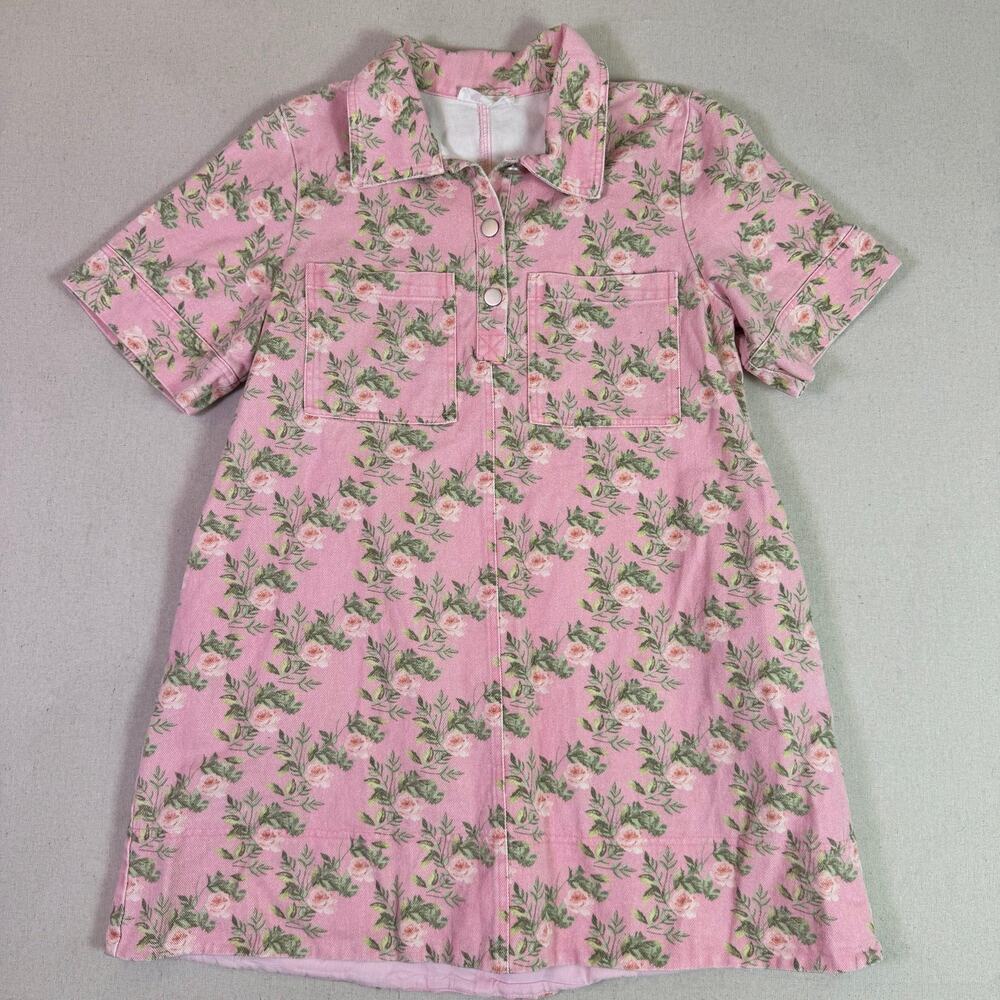 Entro Pink Denim Floral Rose Mini Shirt Dress Women's M Cottagecore Romantic - Picture 5 of 15